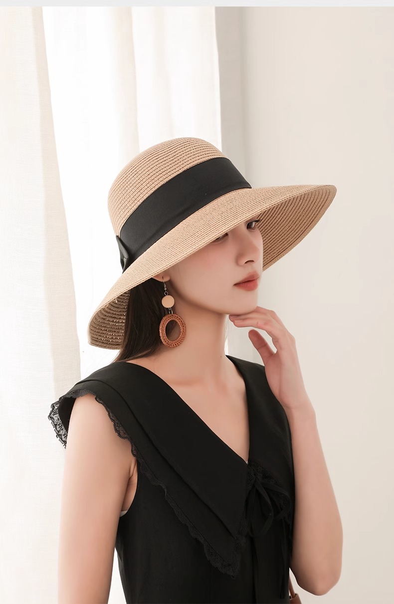 2025New Straw Sun Hat Wide Brim Beach Hat with Black Bow